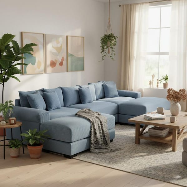 JTGJBC 129.9 in. Straight Arm 5-Piece Corduroy Modular Sectional Sofa with Ottoman and Ergonomic Design in Denim Blue