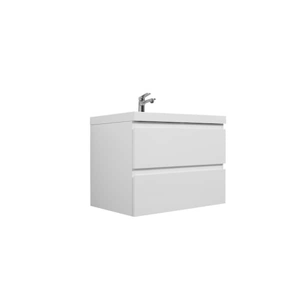 30 in. W Floating Single Sink Bath Vanity in Glossy White with Gloss White Resin Top