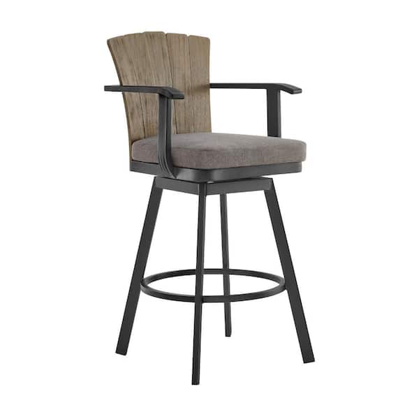 Luna Swivel Metal and Teak Wood Outdoor Bar Stool with Gray Cushion