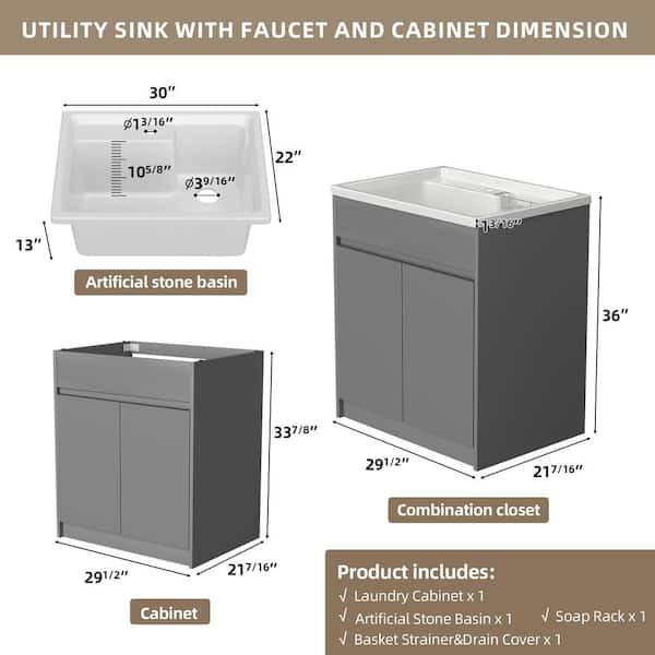 All-in-One 30 in. W x 22 in. D Deep Gray Freestanding Laundry Sink with Cabinet and White Solid Surface Drop-in Sink
