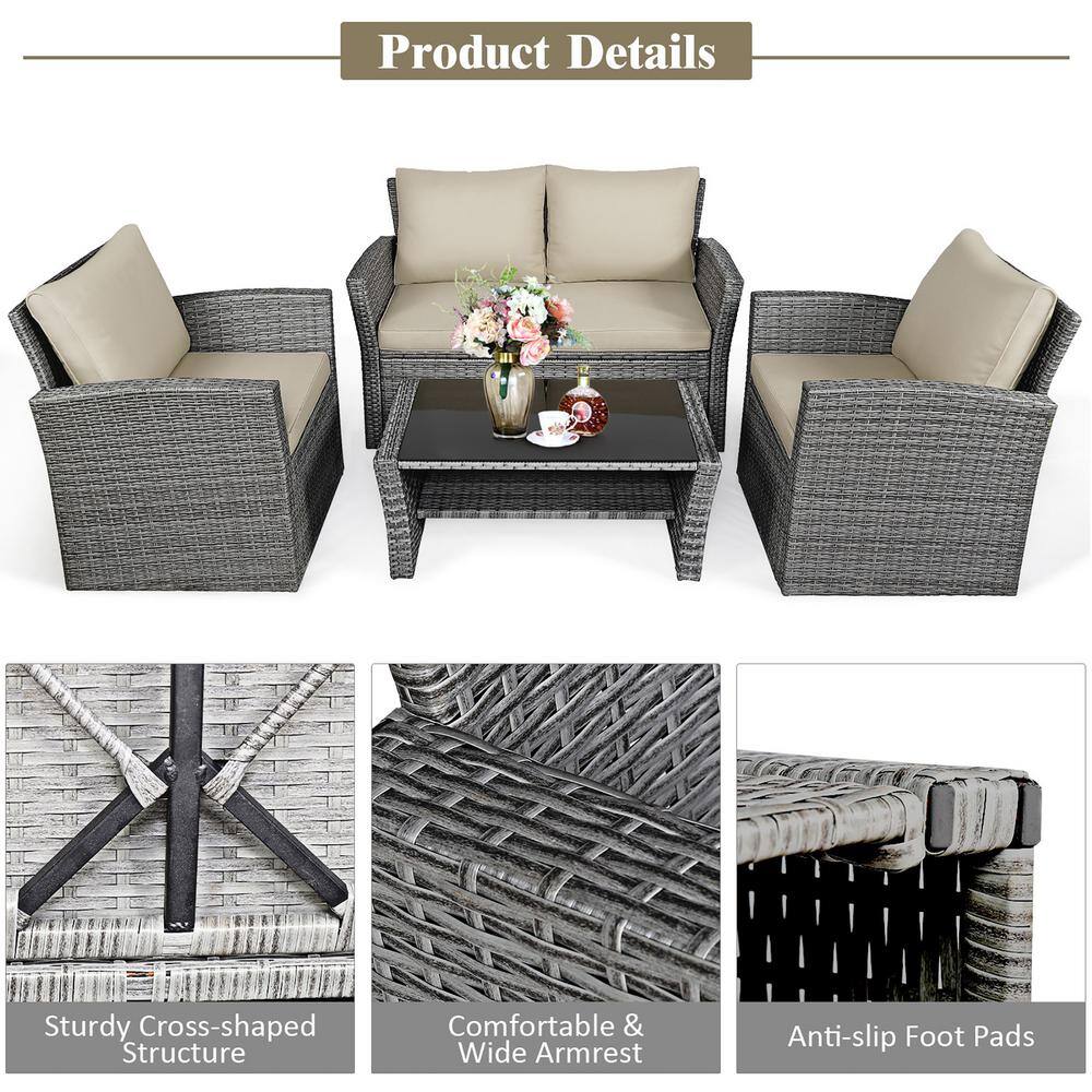 Khaki Cushioned 4-Piece Rattan Patio Conversation Set