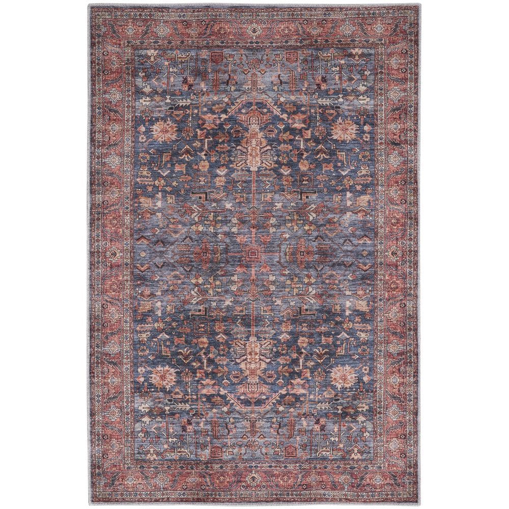 Navy and Brick Vintage Washable Wool Blend 4' x 6' Area Rug