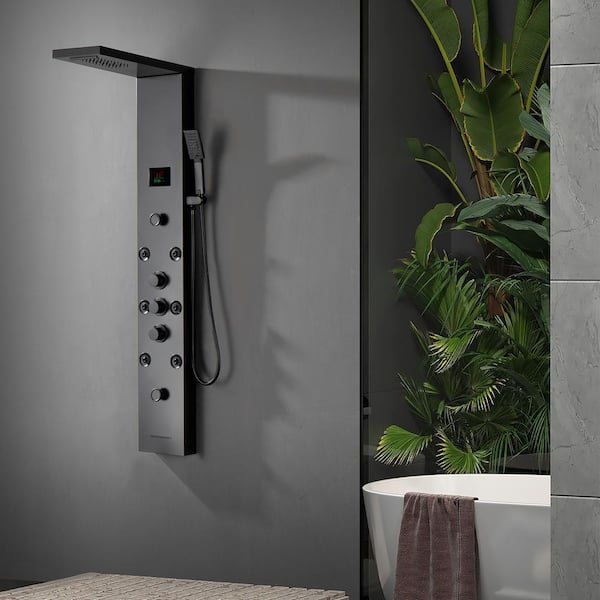 8-Jet Rainfall Shower Panel System with Rainfall Waterfall Shower Head, Shower Wand and LED Light in Matte Black