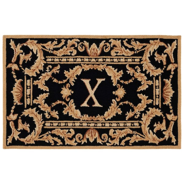 Monogram 3 ft. x 4 ft. Accent Black Ornate Leaf Indoor/Outdoor Area Rug