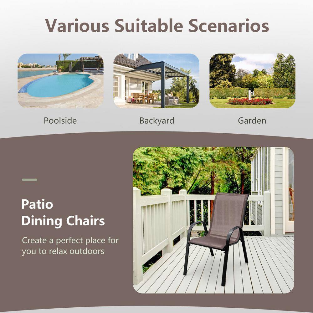 Collage showing the chair in various outdoor settings: poolside, backyard, and garden.