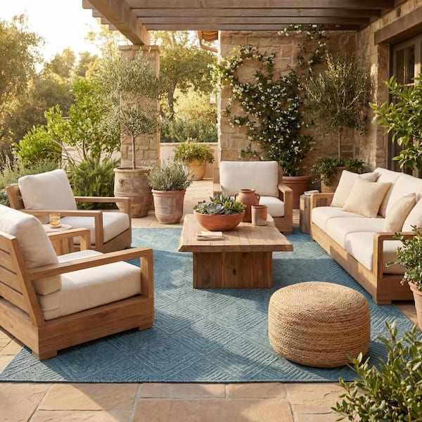 Elarissea Contemporary Aqua 5 ft. x 8 ft. Outdoor Area Rug