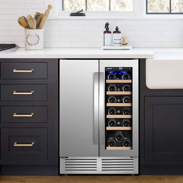 Nipus 24 in. Dual Zone 18 Wine Bottles and 57 Cans Beverage & Wine Cooler in Silver Built in and Freestanding Blue LEDs