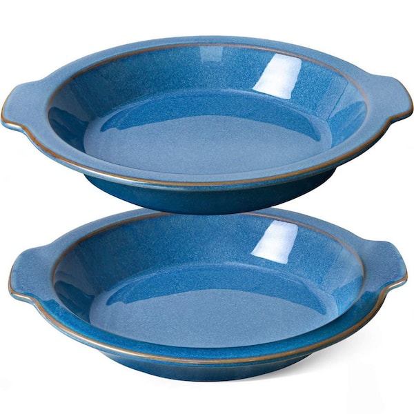 2-Piece Round Ceramic Pie Plate Set with Handles Deep Baking Dish Even Heat Distribution Stain Resistant Blue
