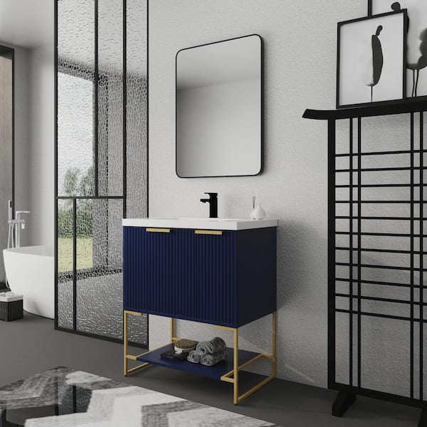 FUNKOL 30 in. W Modern Style Freestanding Bathroom Vanity with White Resin Basin in Navy Blue
