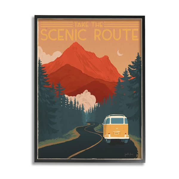 Stupell Industries The Scenic Route Phrase Mountain Travel By Janelle Penner Framed Print Typography Texturized Art 16 in. x 20 in.