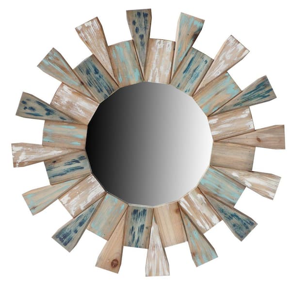 The Urban Port 30.12 in. H x 1.1 in. W Brown Round Wooden Decor Wall Mirror with Triangular Plank Accent