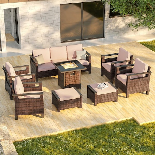 JOYESERY 8-Piece Patio Conversation with Square Fire Table Set Wide Armrests High Back Sofa Chair Brown Wicker Sand Cushion