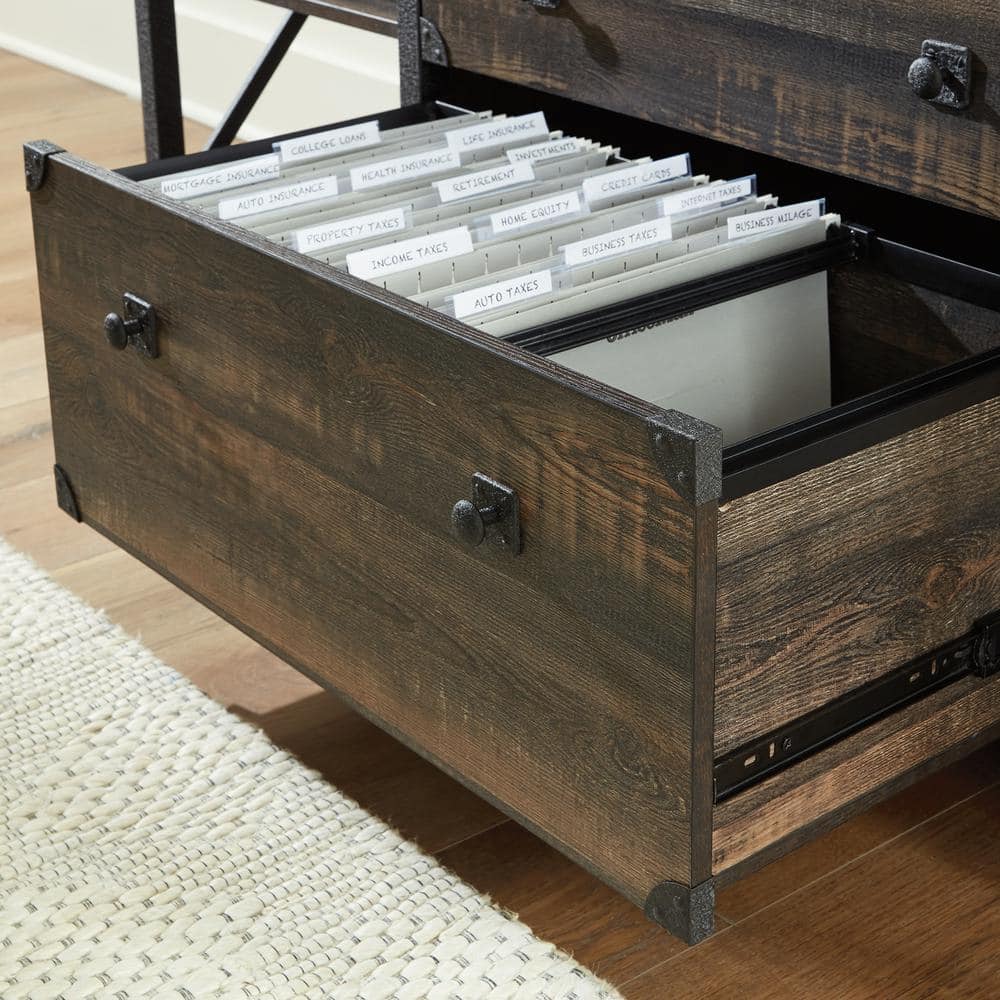 Brown Wood Credenza with Drawer and Filing Cabinet
