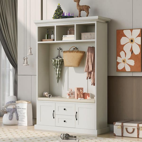 IDEAGLE Beige Wood Hall Tree with Bench and Storage Cabinet Entryway Bench with Coat Rack and Drawers(47"W x 16"D x 71"H)