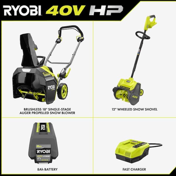 40V HP Brushless 18 in. Single-Stage Cordless Auger Propelled Snow Blower w/ 12" Snow Shovel, 8.0 Ah Battery, & Charger