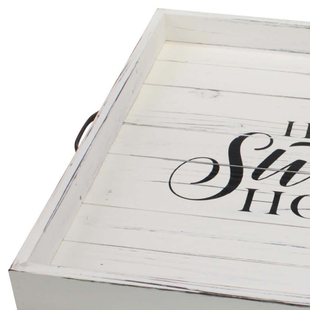 Off-White Distressed Wood Square Decorative Tray with Metal Handles