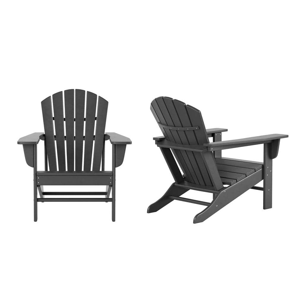 Two different style gray plastic Adirondack chairs.