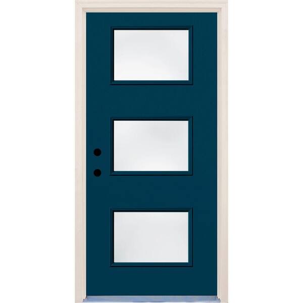 Builders Choice 36 in. x 80 in. Right-Hand Atlantis 3 Lite Clear Glass Painted Fiberglass Prehung Front Door with Brickmould