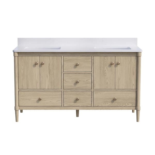 EVA 60 in. Oak Solid Wood Single Sink Bath Vanity with White Quartz Top, Soft-Close Doors, Assembled
