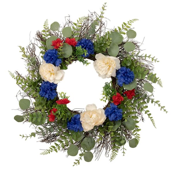 Northlight Americana Mixed Foliage And Florals Patriotic Wreath, 24 in., Unlit