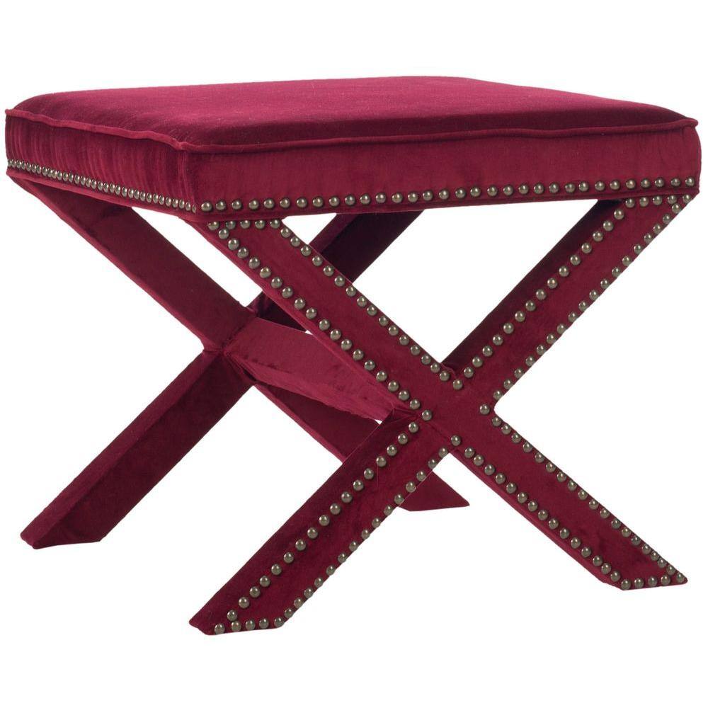 Palmer Red Velvet Ottoman with Brass Nailhead Trim
