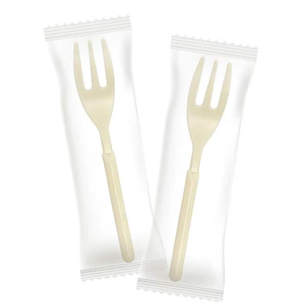 Light Yellow Heavy Duty Disposable Mini Forks 4 in with Individual Wrapping 100-Pack Wrapped Plastic