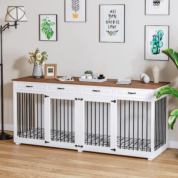 86.6 in. Wooden Dog Crate Kennel with 4-Drawers and Divider Dog Crates, Large Dog Pens Furniture for 2 Large Dogs, White