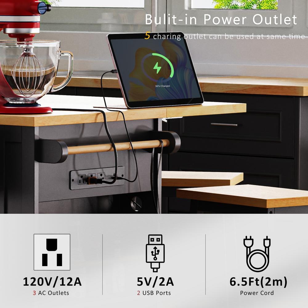 Gray Blue Kitchen Cart with Drop-Leaf Tabletop, Internal Storage Racks, 2 Bar Stools, Power Outlet, 5 Open Side Racks - thumbnail 8