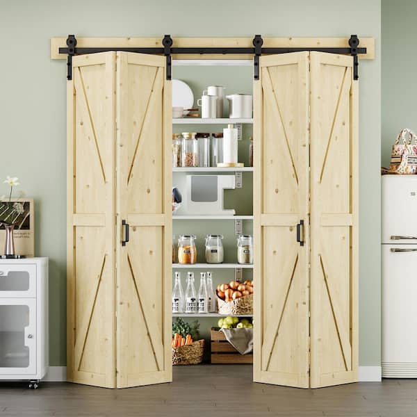 72 in. x 84 in. Paneled K Shape Solid Pine Wood Unfished Bi-fold Sliding Barn Door with Hardware Kit and Handle