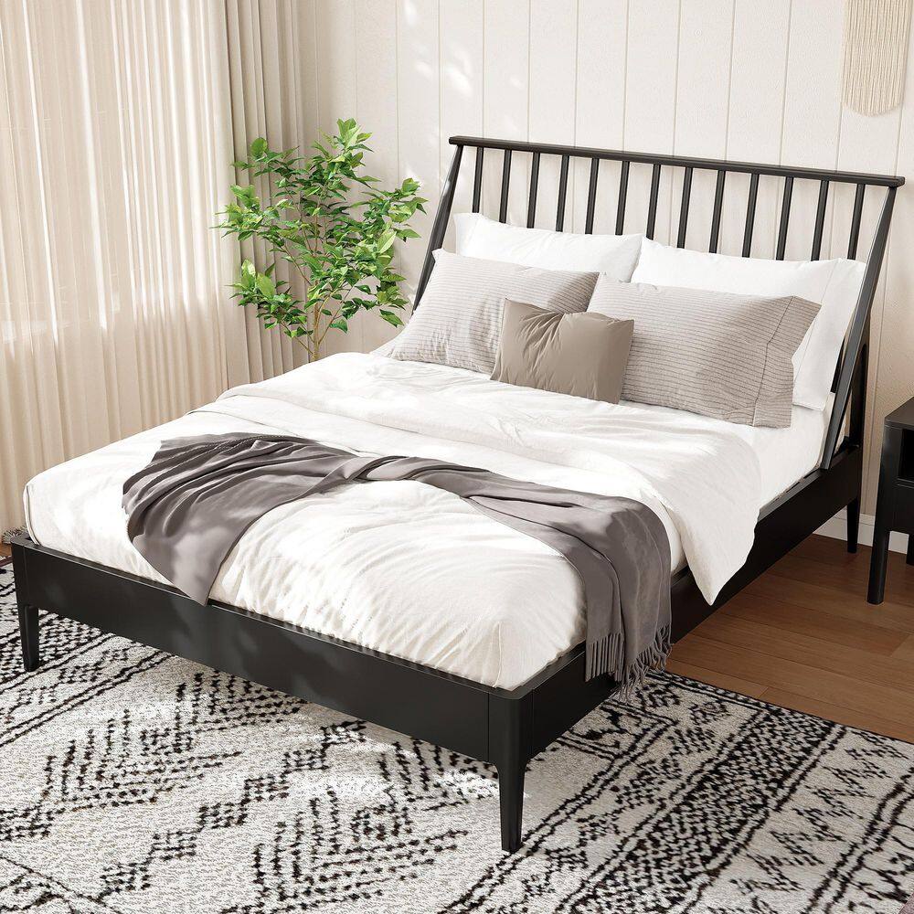 Bohemian Black Solid Bamboo Wood Frame Queen Size Platform Bed with 46.5 in. Tall Spindle Headboard price history on PriceWatchPro