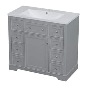 BY11 36 in. W x 18 in. D x 34.5 in. H Single Sink Freestanding Bath Vanity in Gray with White Solid Surfer Top