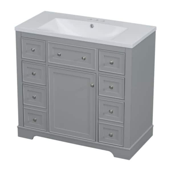 BY11 36 in. W x 18 in. D x 34.5 in. H Single Sink Freestanding Bath Vanity in Gray with White Solid Surfer Top