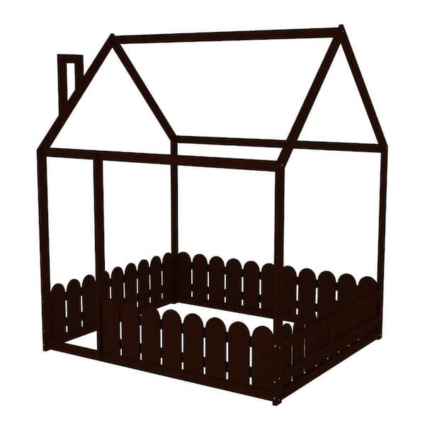 wetiny Black Wood Frame Full Platform Bed with Fence