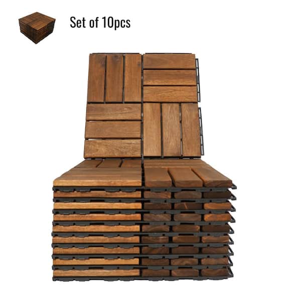 FIROMO 12 in. W. x 12 in. Wooden Brown Square Checker Interlocking Floor, Patio Deck Tiles 10-Piece