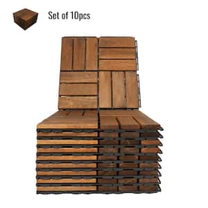 12 in. W. x 12 in. Wooden Brown Square Checker Interlocking Floor, Patio Deck Tiles 10-Piece