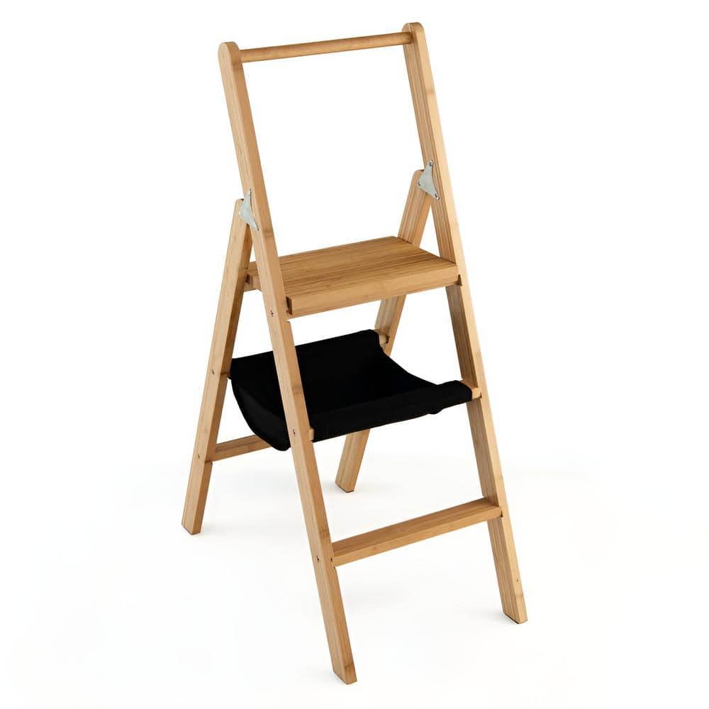 3-Step Bamboo Foldable Step Stool Ladder with Tool Storage Bag, 330 lbs. Ca