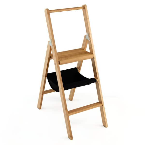Unbranded 3-Step Bamboo Foldable Step Stool Ladder with Tool Storage Bag, 330 lbs. Capacity (7 ft. Reach Height)