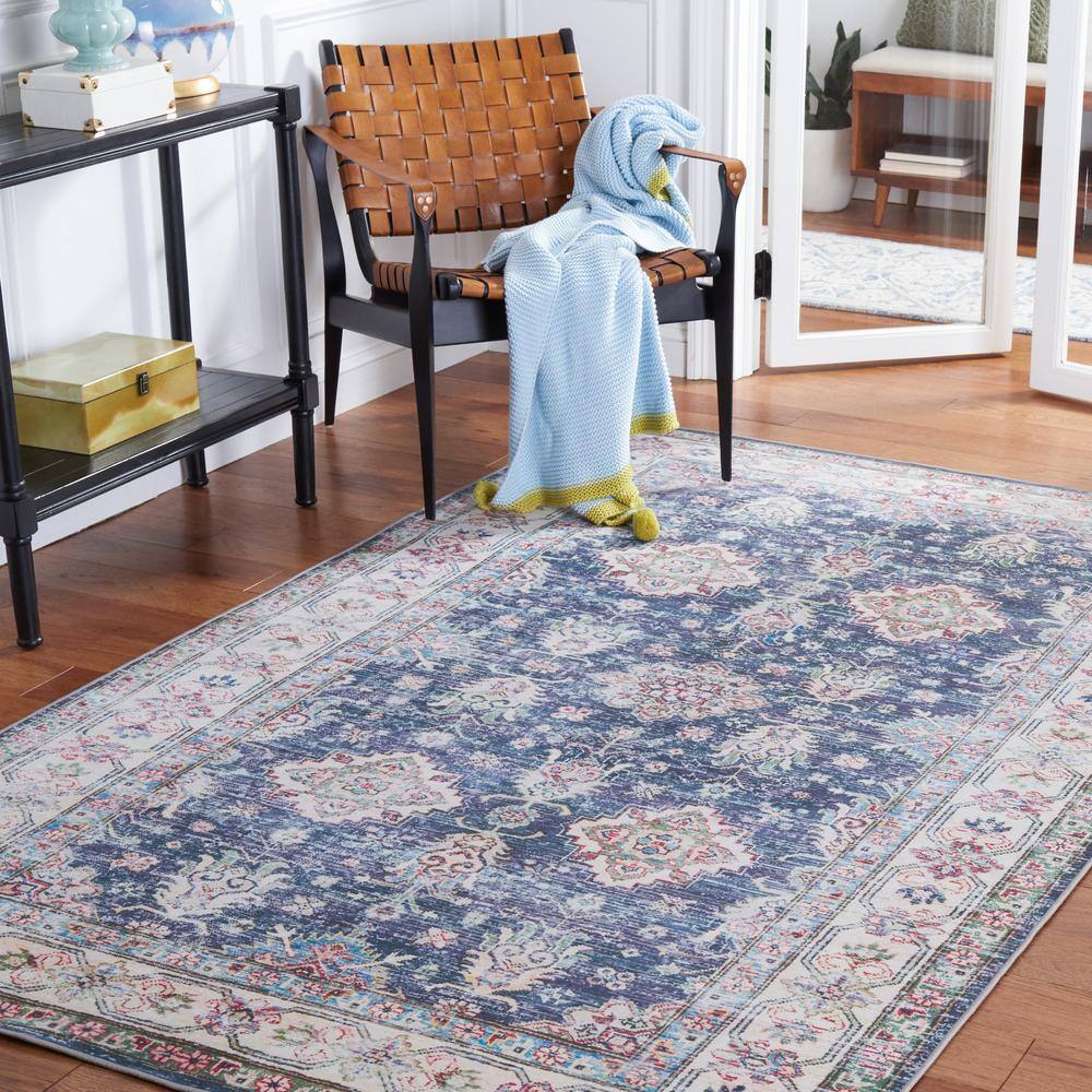 Navy and Beige 6' Square Washable Synthetic Area Rug