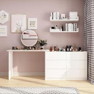 White Makeup Vanity Table Wood Dressing Desk With 6-Drawers, Rotatable Retractable Table