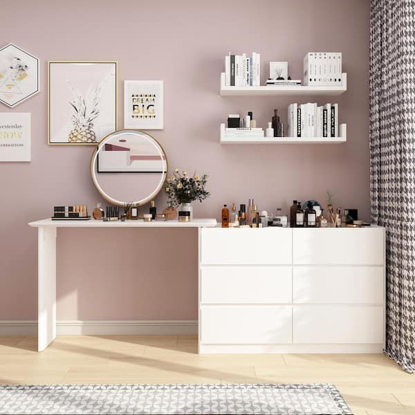 FUFU&GAGA White Makeup Vanity Table Wood Dressing Desk With 6 Drawers, Rotatable Retractable Table