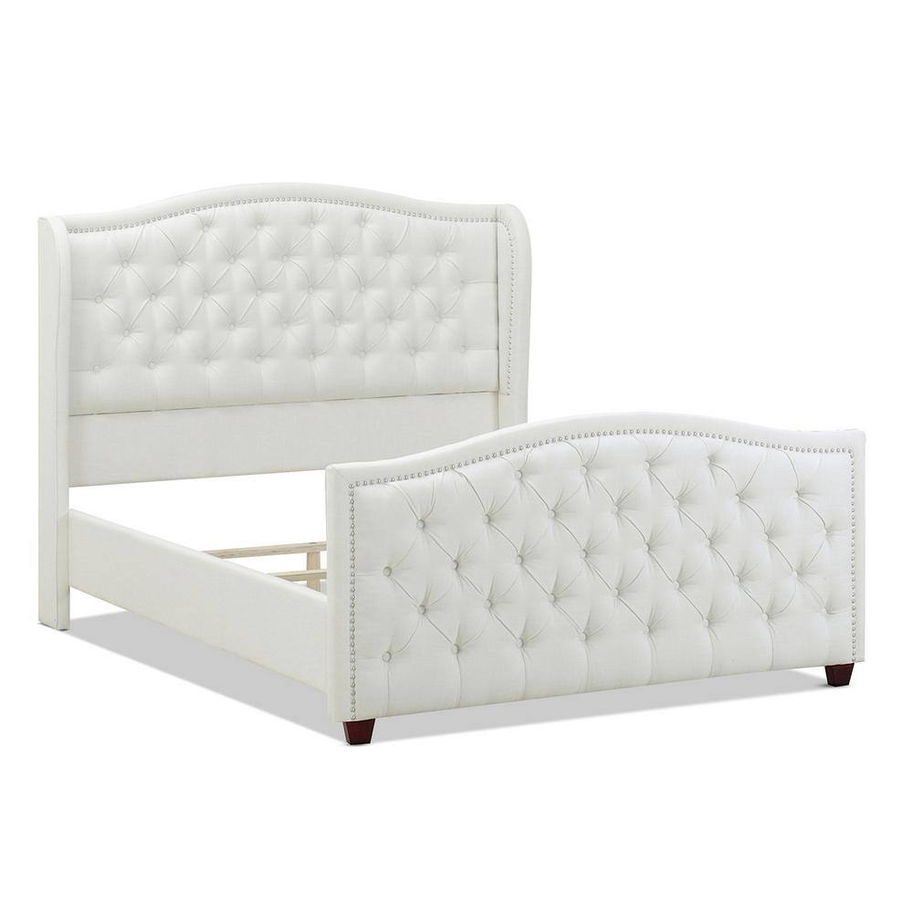 Antique White Tufted Upholstered Queen Bed with Nailhead Trim