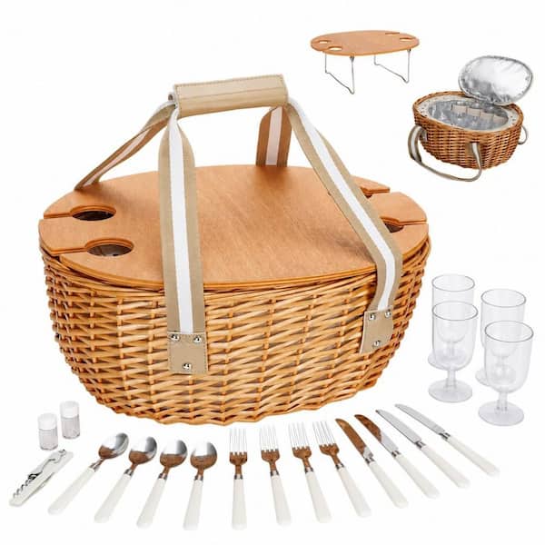 4-Person Wicker Picnic Basket Set with Folding Table and Large Insulated Cooler Bag for Camping