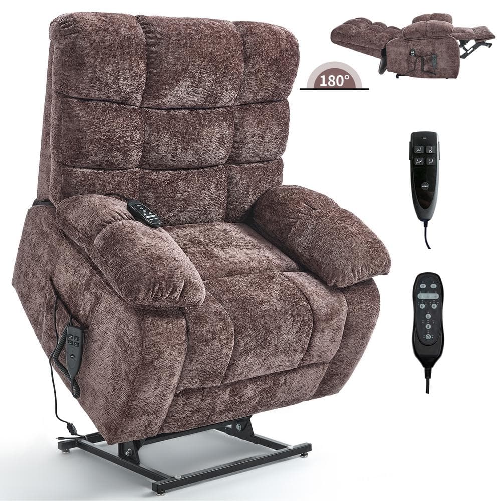 Brown Dual Motor Chenille Lift Recliner Heat Massage Infinite Position with