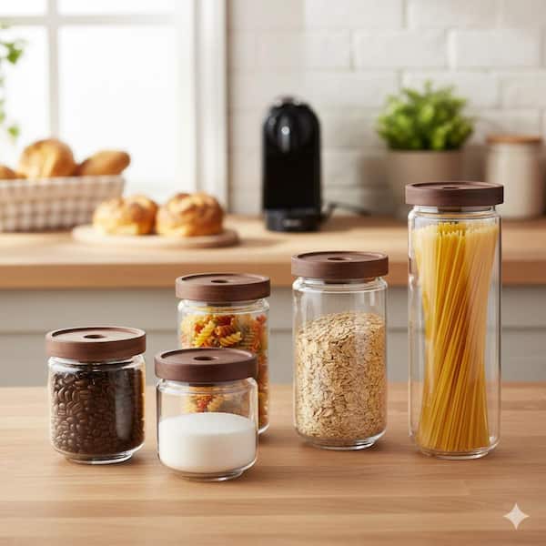 5 Piece Airtight Stackable Thick Borosilicate Glass Kitchen Canister Food Storage Jar Set for Pantry Organization