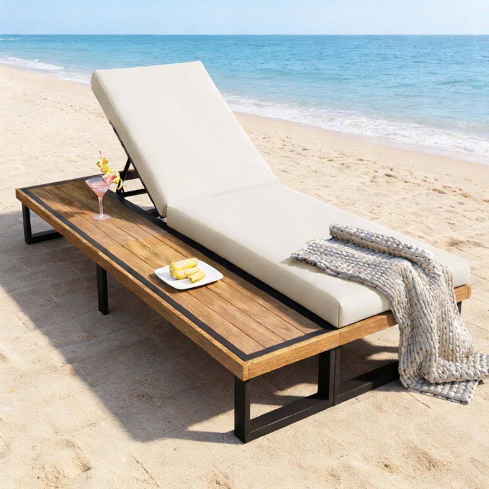 Brown Acacia Wood Outdoor Lounge Chair with Beige Cushion for Poolside, Backyard, Garden price history on PriceWatchPro