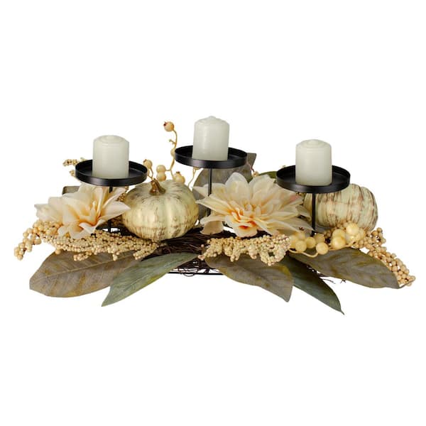 Northlight 21 in. Autumn Harvest White Dahlia and Pumpkin Centerpiece Candle Holder (3-piece)