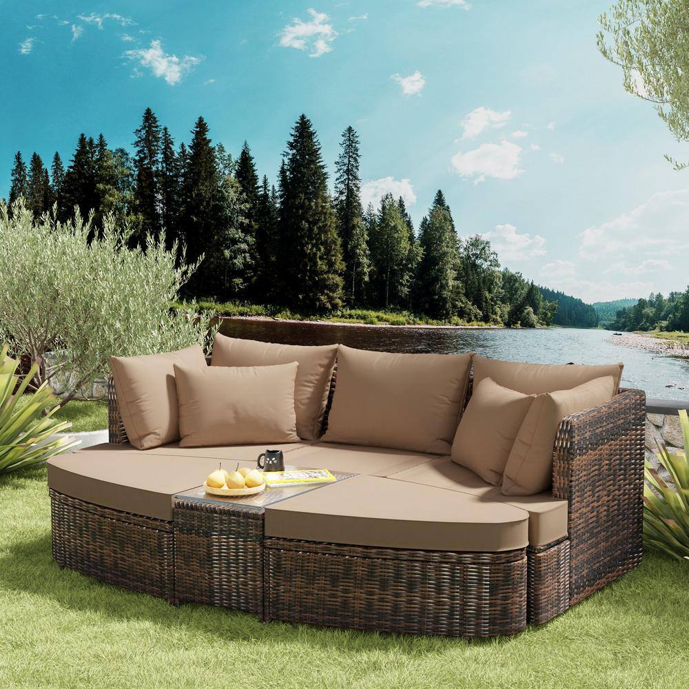 Harper & Bright Designs 6-Piece Brown Wicker Outdoor Sectional Set With ...