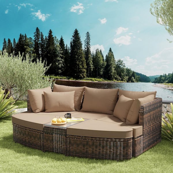 Harper & Bright Designs 6-Piece Brown Wicker Outdoor Sectional Set with Brown Cushions and Pillows