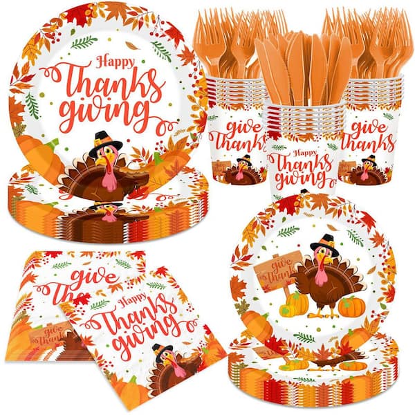144-Piece Thanksgiving Disposable Dinnerware Set with 9 in and 7 in Plates, Napkins, Cups, and Utensils