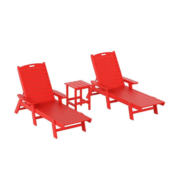 Harlo 3-Piece Red Fade Resistant HDPE Plastic Reclining Outdoor Patio Chaise Lounge Arm Chair and Table Set